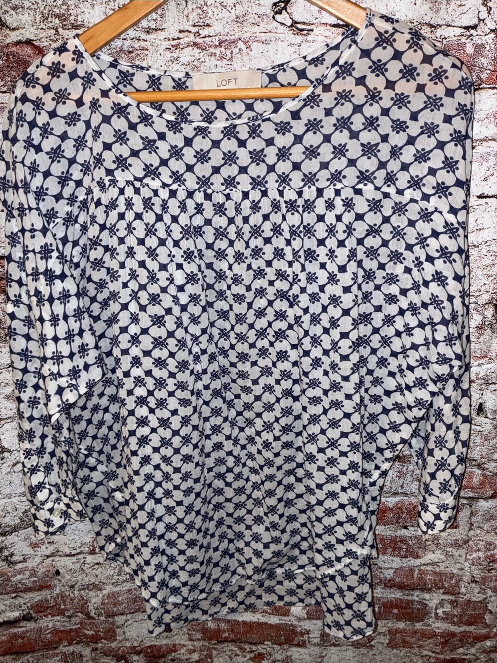 LOFT Navy and White Floral Lattice Tunic Top